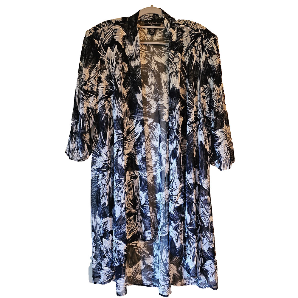 R&M Richards Womens 18W Kimono Cardigan Sheer Jacket Blue Black Abstract NWT